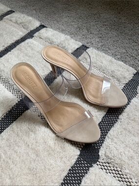 SCHUTZ Clear Strap Nude Mule Heels